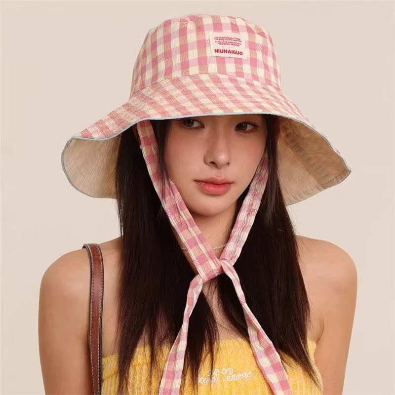 😍Fashion girl😍แฟชั่น หมวกกันแดดพับได้ 2 ด้าน สไตล์วินเทจ หมวกบักเก็ต ลายสก็อต ขนาดใหญ่ สําหรับผู้หญิง(sp-A013) - ภาพที่ 3