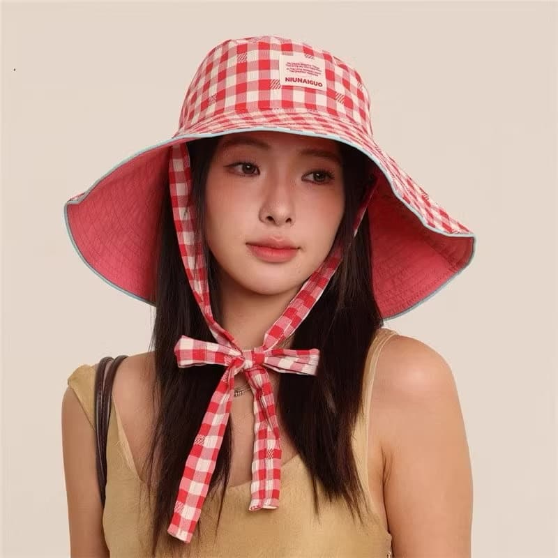 😍Fashion girl😍แฟชั่น หมวกกันแดดพับได้ 2 ด้าน สไตล์วินเทจ หมวกบักเก็ต ลายสก็อต ขนาดใหญ่ สําหรับผู้หญิง(sp-A013) - ภาพที่ 6