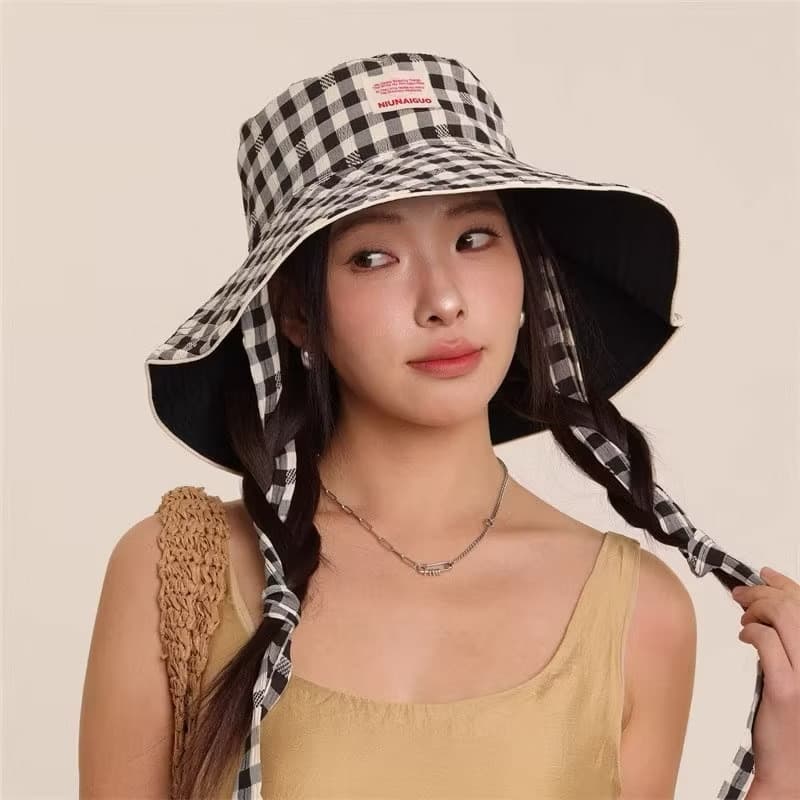 😍Fashion girl😍แฟชั่น หมวกกันแดดพับได้ 2 ด้าน สไตล์วินเทจ หมวกบักเก็ต ลายสก็อต ขนาดใหญ่ สําหรับผู้หญิง(sp-A013) - ภาพที่ 5