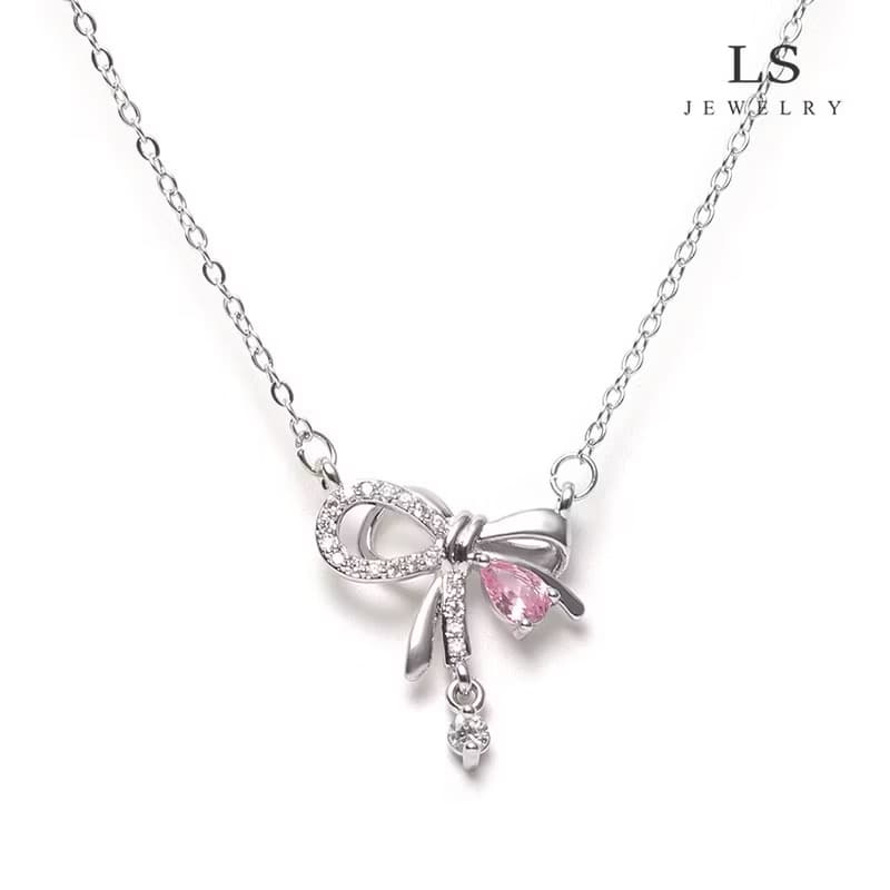 LS สร้อยคอแฟชั่นสตรี จี้โบว์สีชมพู n2842(Sp-A013)