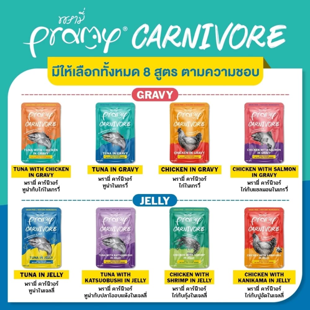 (ຍົກໂຫຼ) Pramy Carnivore ພຣາມີ ອາຫານປຽກແມວໃຫຍ່ ໂປຣຕິນສູງ ບຳລຸງກ້າມເນື້ອ SP-A010